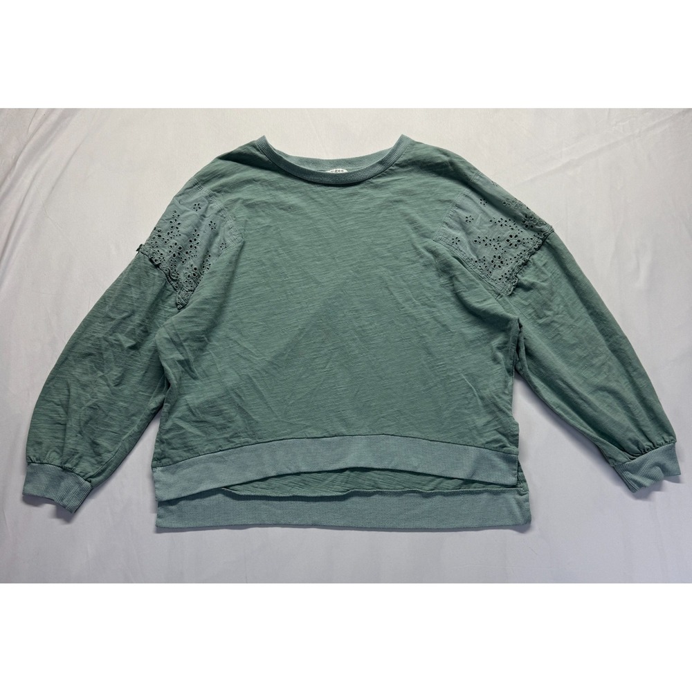 Umgee Blouse Top Womens Medium Mint Green Eyelet Lace Detail Ribbed Oversized